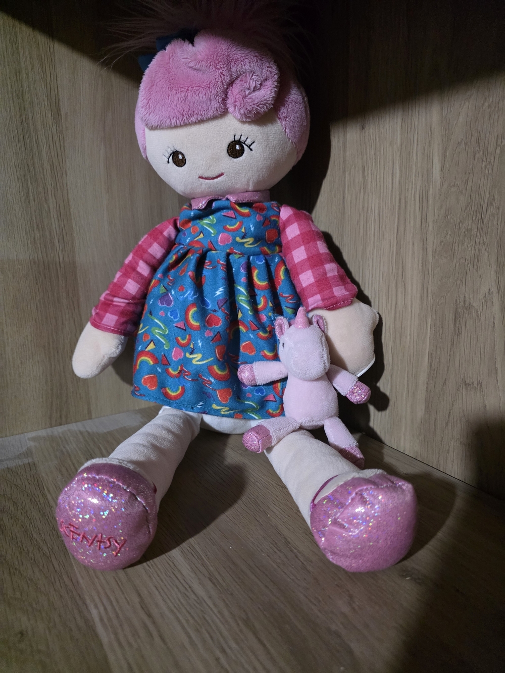 Scentsy Friend-Plush Pink Doll with Blue Rainbow Dress - Soft Cuddly Toy